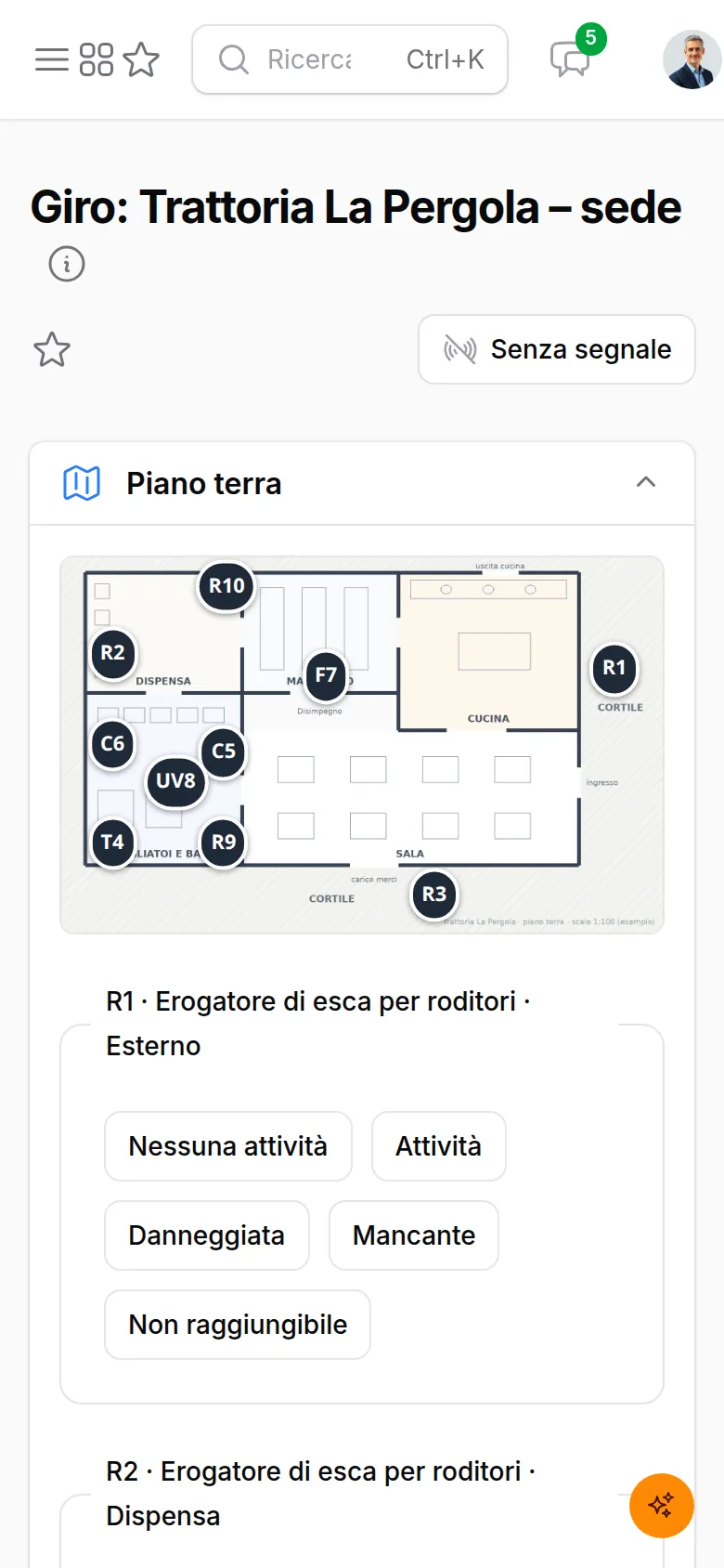 Il giro aperto sul telefono con la pianta e le postazioni da controllare
