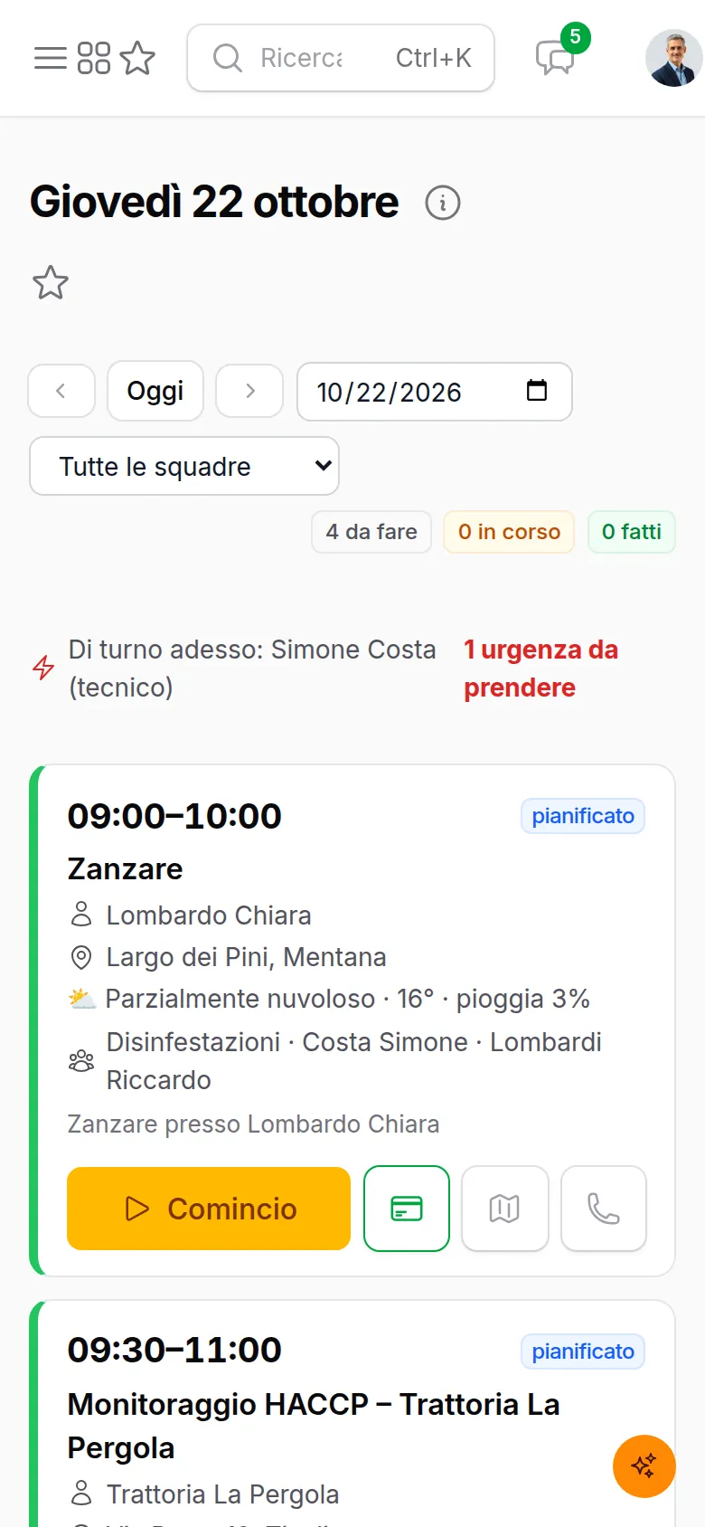 La giornata del tecnico sul telefono con l'intervento contro le zanzare e il pulsante Comincio