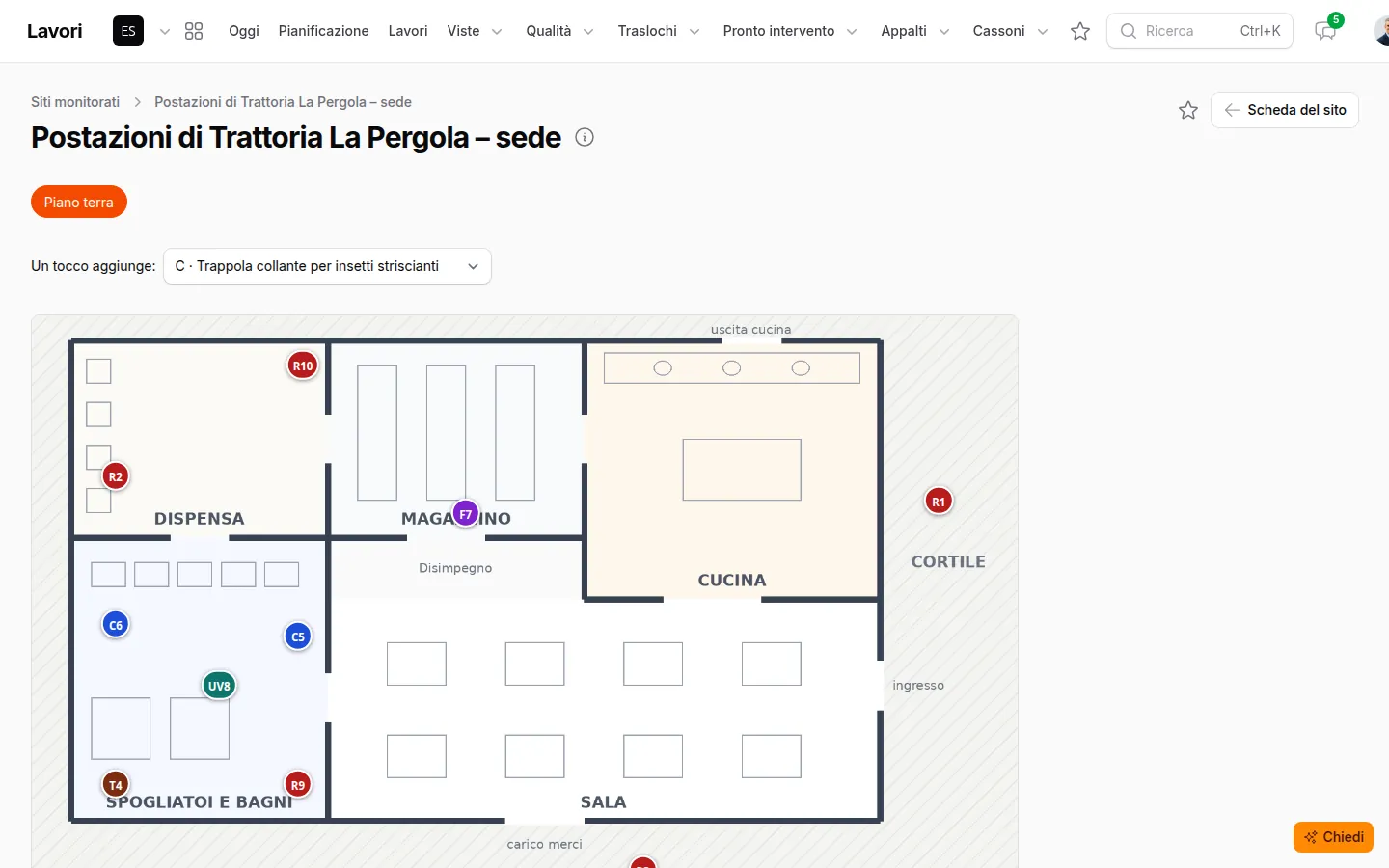 La pianta di un ristorante con le postazioni di monitoraggio numerate