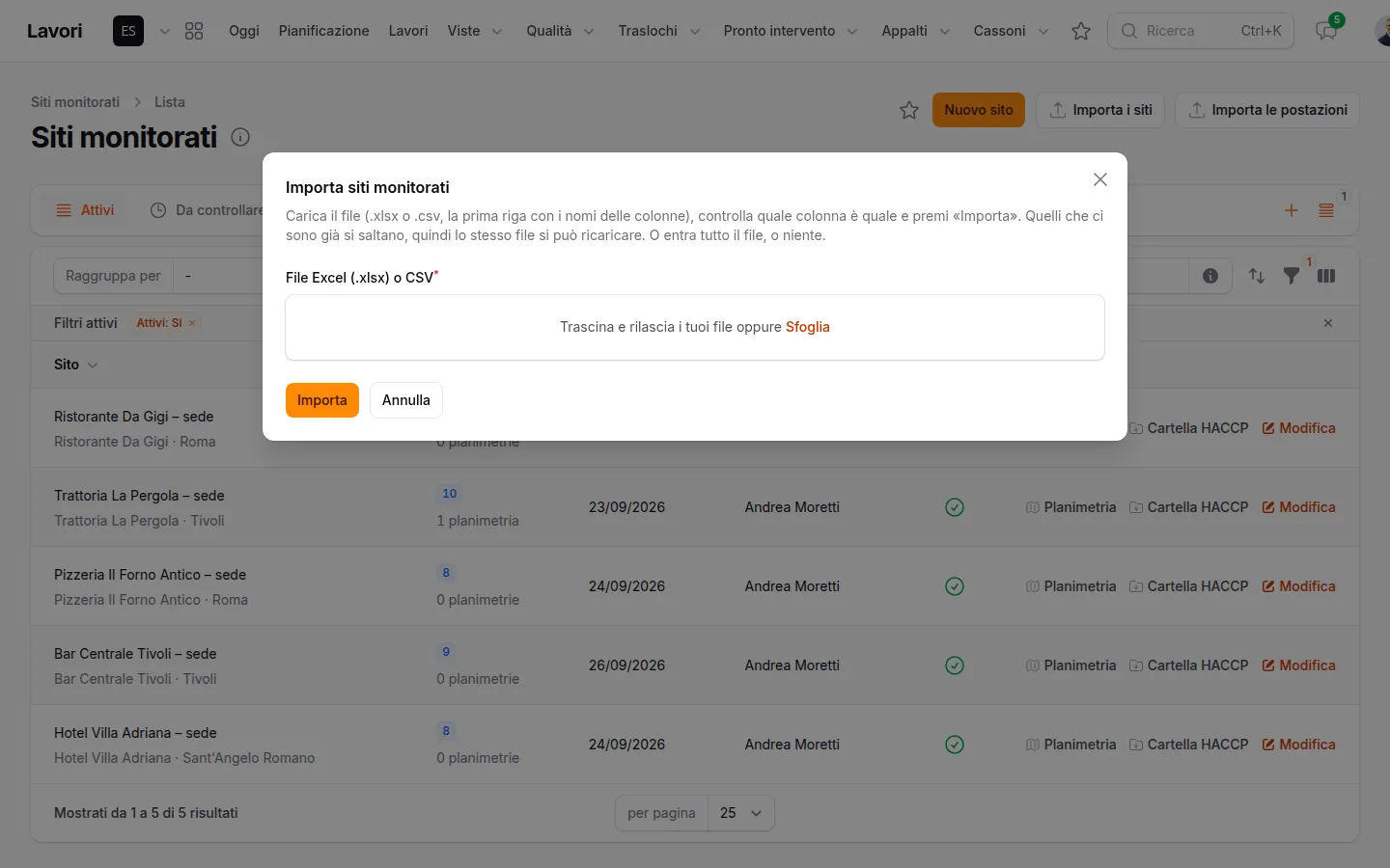 La finestra Importa siti monitorati con il file Excel o CSV