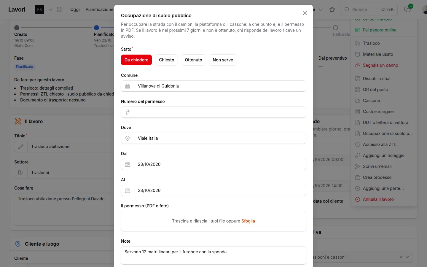 La finestra del permesso di suolo pubblico con stato, comune, dove, giorni e PDF