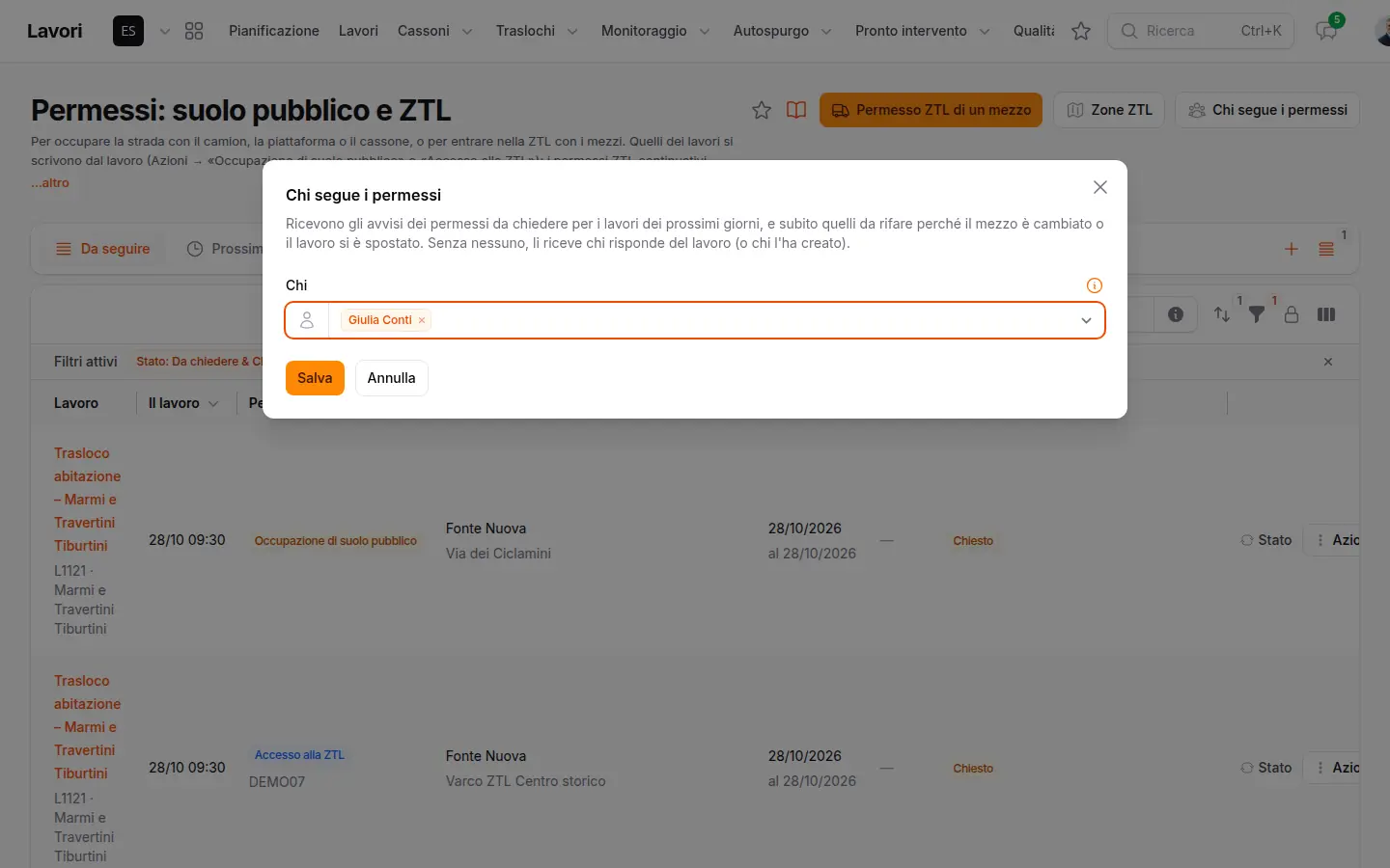 La finestra Chi segue i permessi con la persona scelta
