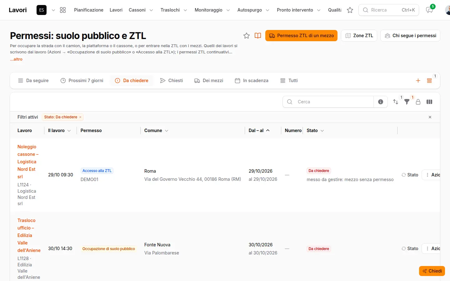 La pagina Permessi con il permesso ZTL da chiedere messo da gestire