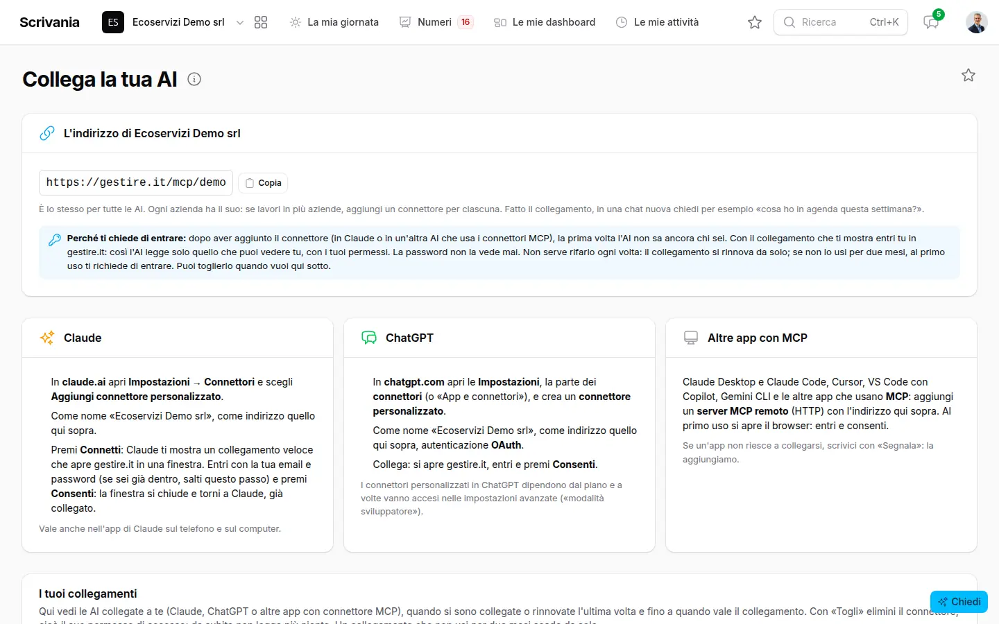 Pagina Collega la tua AI con l'indirizzo del connettore, le istruzioni per Claude e ChatGPT e i collegamenti attivi