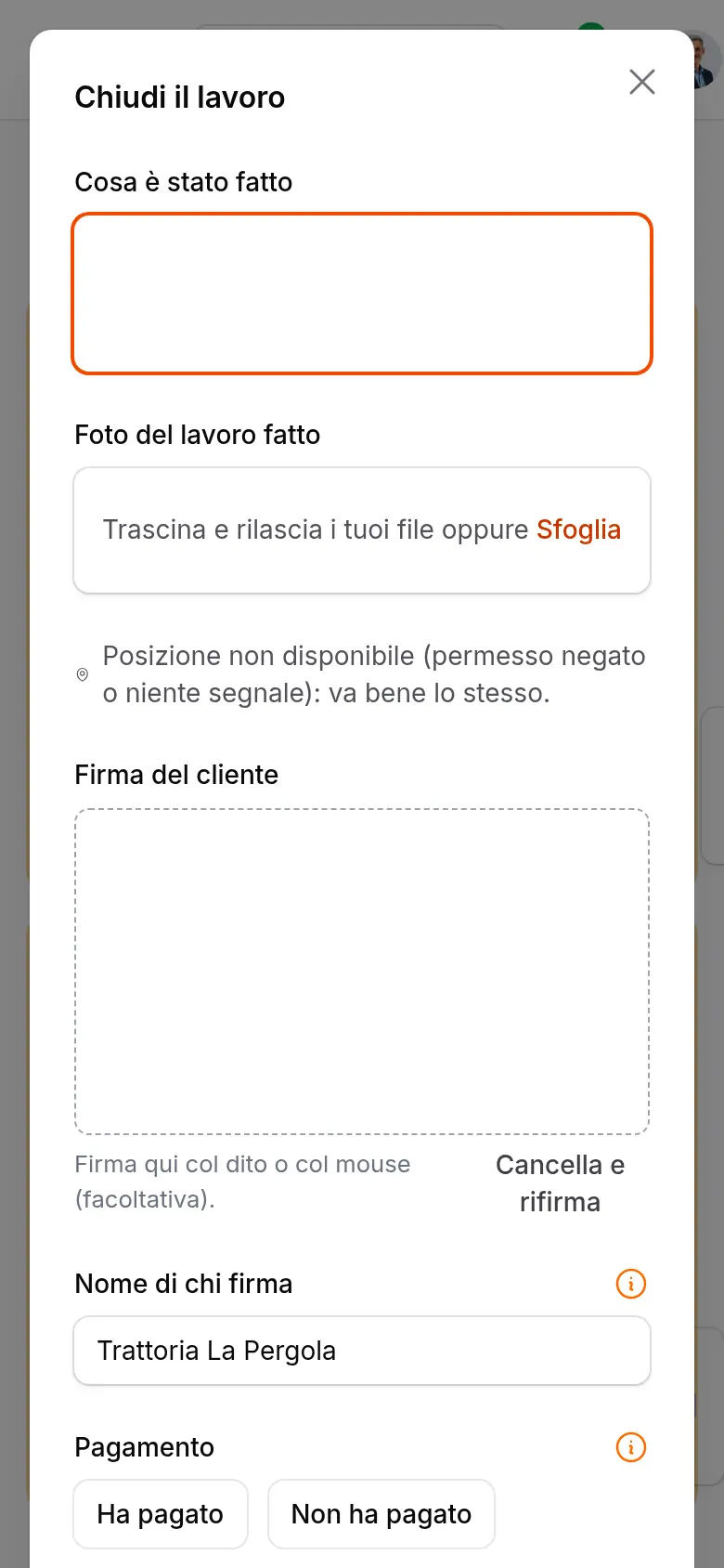 La finestra Chiudi il lavoro con cosa è stato fatto, le foto, la firma del cliente e il pagamento