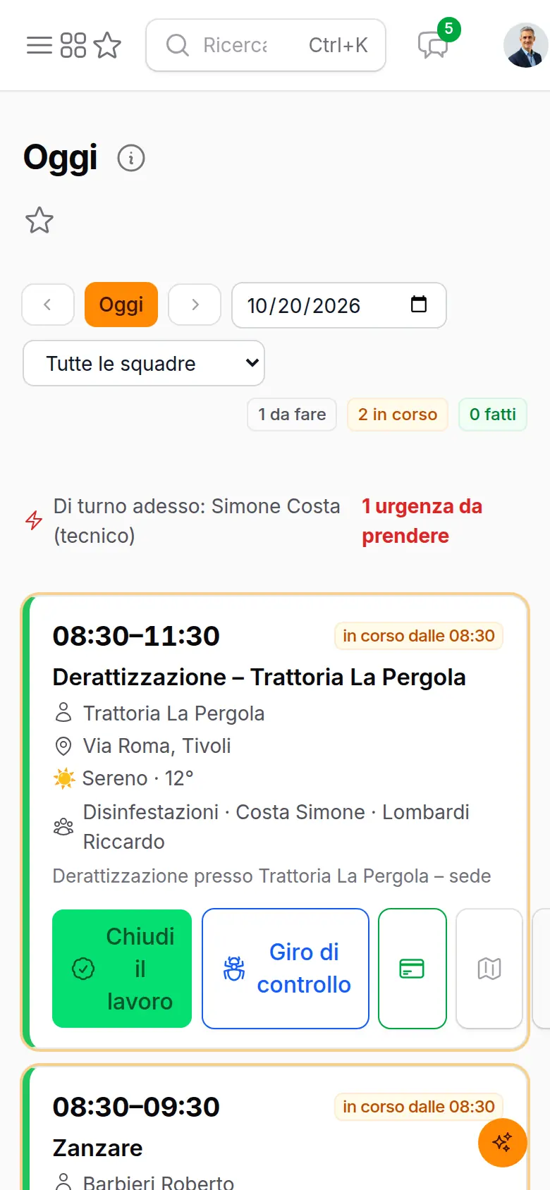 La pagina Oggi sul telefono: il lavoro della giornata con indirizzo, meteo e i pulsanti Comincio, Giro e Scheda