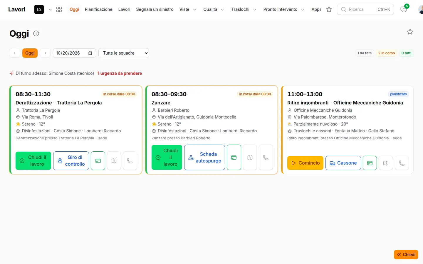 La pagina Oggi sul telefono con il lavoro della giornata, il meteo, la squadra e i pulsanti Comincio, Giro e Scheda