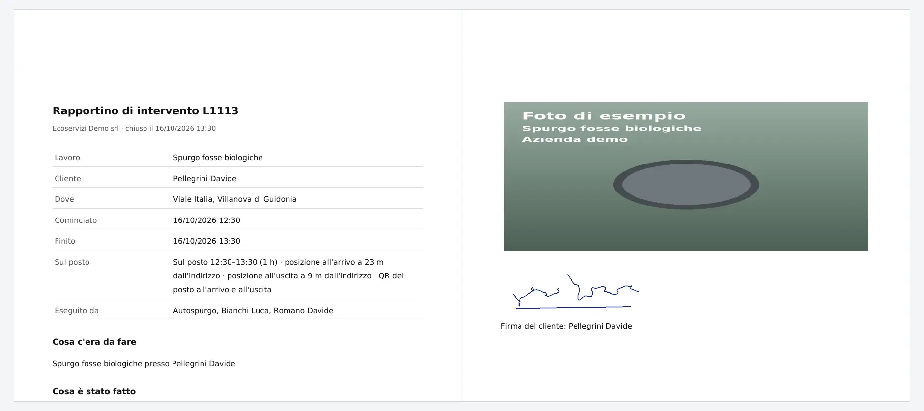 Il rapportino di intervento in PDF con orari sul posto, cosa è stato fatto, foto e firma del cliente