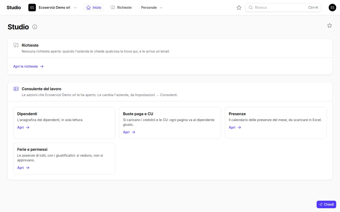 La pagina Inizio dello Studio con la professione del consulente e le sezioni aperte dall'azienda